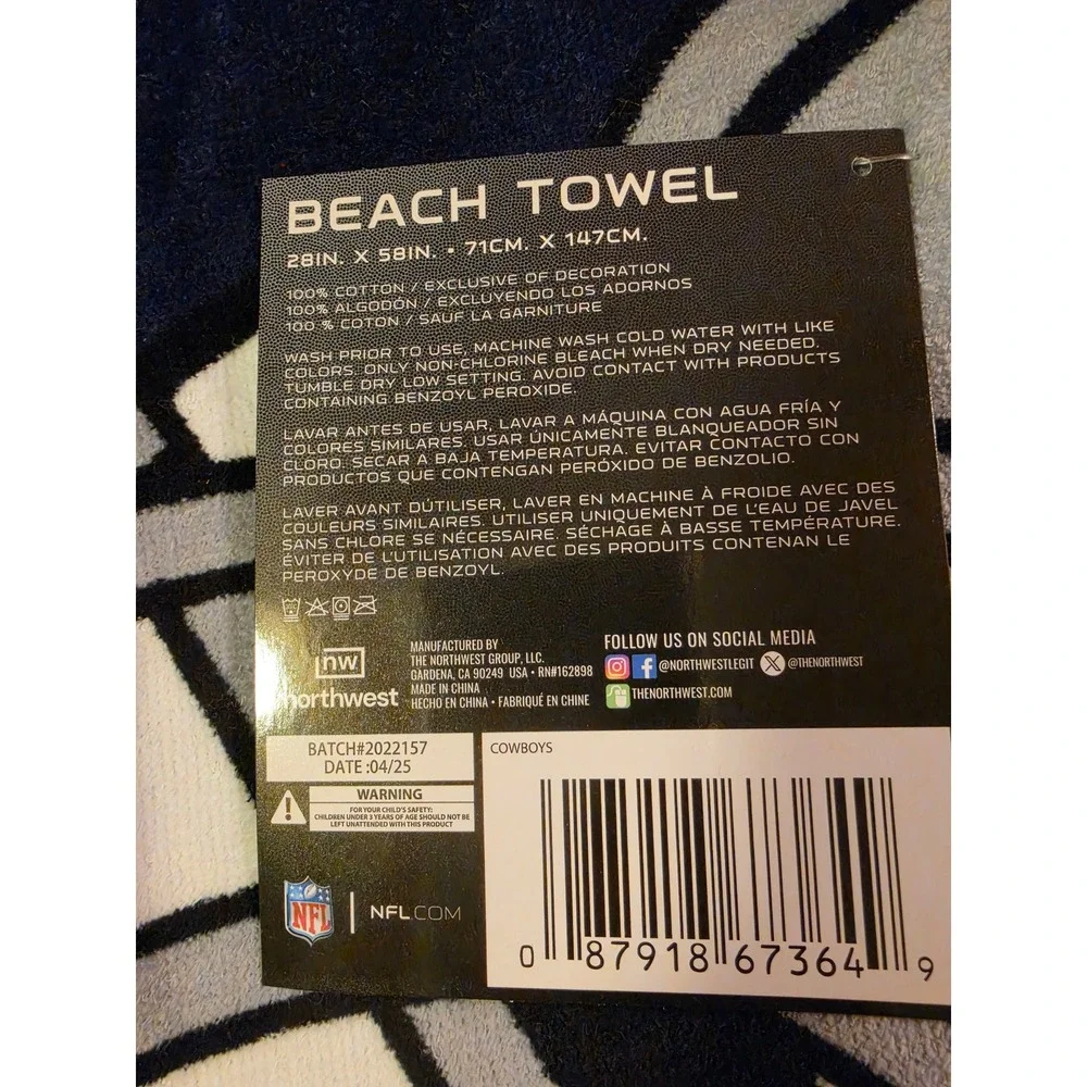 NFL Dallas Cowboys Beach Towel The Northwest Group 28x58 Cotton Navy Silver New